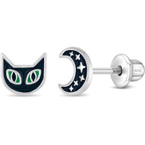 925 Sterling Silver Black Enamel Cat and Moon Halloween Safety Screw Back Earrings For Little Girls - Children's Halloween Screw Back Earrings - Black Cat Earrings For Children