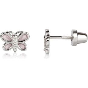 Cherished Moments Children's Sterling Silver Pink Butterfly with Sparkling CZs Earrings for Little Girls, Kids and Toddlers (Screw Back)