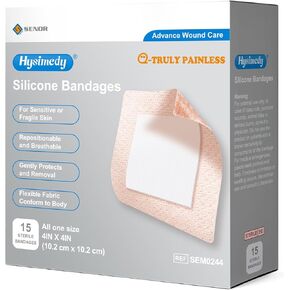 Silicone Bandages Extra Large Size for Sensitive Fragile Skin - 4" x 4" 15 Counts - Latex Free Painless Removal Hypoallergenic Flexible Fabric Big Bandages for Wounds Adhesive Allergy Free