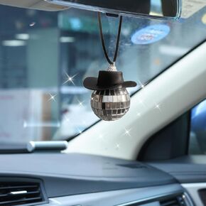 Disco Ball Car Accessory, Car Rear View Mirror Charm, Cowboy Hat Hanging Accessory, Cute Cowgirl Hat Disco Ball Car Decoration for Women (White)