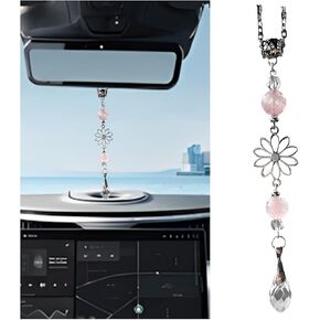 Mandark Car View View Mirror Flower Charm ، Crystal Vehicle Mirror Decoration معلق قلادة شنقا ، ملحقات شماعات الزخرفة الزخرفية للسيترين ، Universal لمعظم السيارات (الوردي)