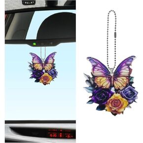 Butterfly Car Rearview Mirror Accessories - 2D Flat Car Rear View Mirror Charm - Lovely Moon Car Interior Mirror Hanging Pendant - Christmas Tree Ornament Car Decoration for Men Women (Blue)