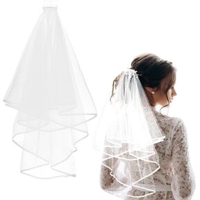 Women Short Bridal Veil with Comb, 2 Tier Wedding Veil with Comb Elbow Length Bridal Head Tulle for Bachelorette Party
