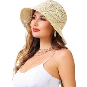 La Carrie Womens Sun Hat Floppy قابلة للتعبئة الحافة UV حماية UPF 50+ قش مع التطريز لسيم Summer Beach