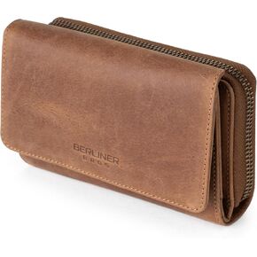 BERLINER BAGS Vintage Genuine Leather Wallet Vienna, RFID Blocking Credit Card Holder, Trifold Clutch Purses, Zip Around Womens Wallet for 19 cards, ID window, Bills, Coins - Brown