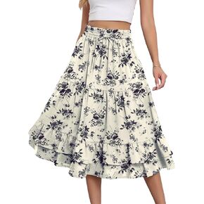 LOUSGUTA Women's Midi Skirt Flowy Layered Ruffle Tiered High Elastic Waist Casual Skirts with Pockets
