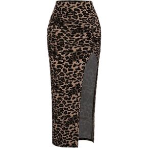 Women's Leopard Print Slit Split Maxi Skirt Ruched Y2K Long Skirts
