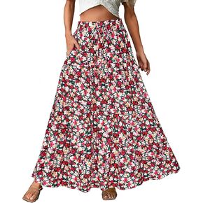 Ecowish Women Boho Maxi Skirt: Summer Asymmetric Tierring Draphring مرنة عالية الخصر A-LINE LINE LINE مع جيوب