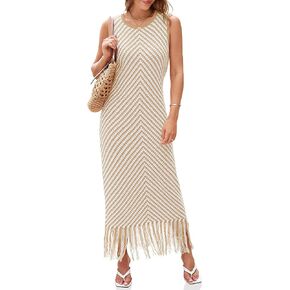 Wenrine Womens Summer Crochet Knit Dress Casual Striped Tassel Sleeveless Boho Maxi Dresses