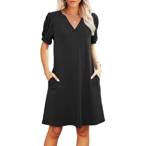 V-neck Summer Sundress للنساء- فستان شاطئي قصير الأكمام مع جيوب