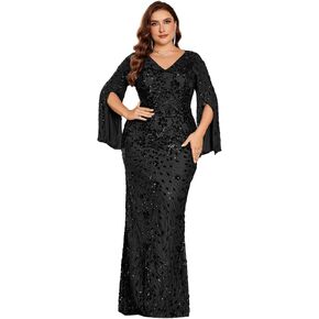 Plus Size Formal Dresses for Women with Embroidery Sequin and Cape Sleeve, V-Neck Maxi Dress for Wedding and Party