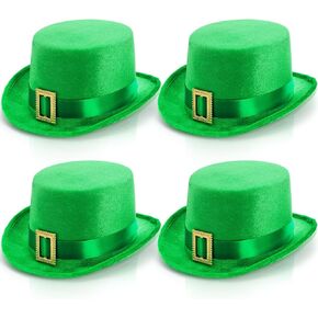 4 Pack St. Patrick's Day Top Hat, Leprechaun Hat with Buckle, Green Top Felt Hat, St Patty's Tall Costume Hat, Irish Party Accessories for Parade, Men & Women