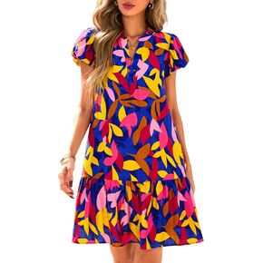 dowerme Womens Summer Dresses 2025 Puffy Sleeve V Neck Loose Floral Print A Line Boho Mini Babydoll Dress with Pockets