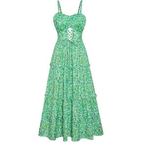 GRACE KARIN Women's Summer Floral Dress 2025 Spaghetti Strap Smocked Tiered Casual Boho Maxi Long Sundress with Pockets