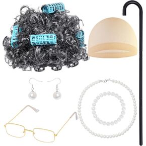 مجموعة زي Lady Lady Baotongle 100 يوم من المدرسة السيدة العجوز الباروكة مجموعة شعر مستعار مع قصاصات Cap Cape سلسلة لؤلؤة أقراط سوار الجدة.