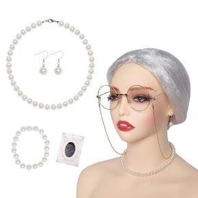 Fumwase 7 Pcs Old Lady Costume Set Old Lady Wig Granny Glasses Grandma Old Woman Costume Set Dress Up Perfect for Halloween Party Cosplay 100 Days of School (Gray)