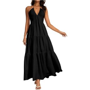 OYOANGLE Women's V Neck Tie Backless Halter Dress Ruched Flowy Vacation Maxi Dresses