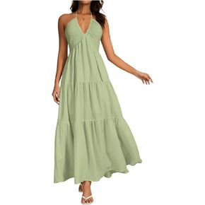 OYOANGLE Women's V Neck Tie Backless Halter Dress Ruched Flowy Vacation Maxi Dresses in Kuwait