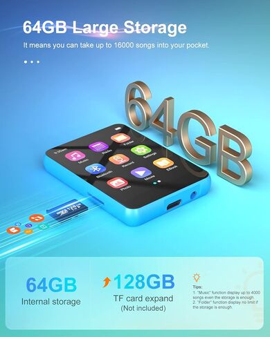 128GB MP3 Player with Bluetooth 5.3, HiFi Sound, HD Speaker, FM Radio, Voice Recorder, E-Book, 2.4" Full Touchscreen, Portable Music Player for Sports (Earphones Included) in Saudi Arabia