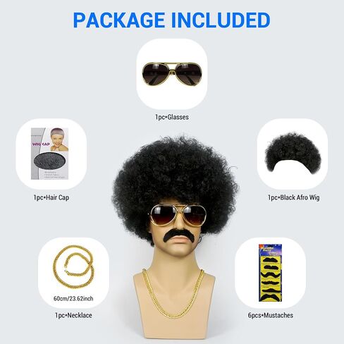 10PCS Set Mens Afro Wig 70s Wigs For Men Wigs Black Afro Wig Men Disco Wig For 70s Costume Men Funny Wigs Pelucas Para Hombres For 70s Outfits For Men For Halloween Cosplay 70s80s Party Christmas in Saudi Arabia