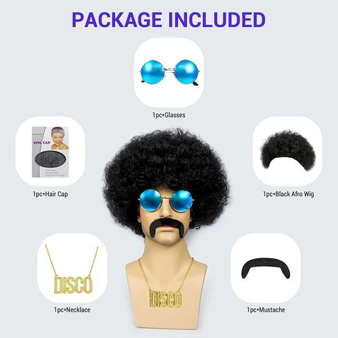 10PCS Set Mens Afro Wig 70s Wigs For Men Wigs Black Afro Wig Men Disco Wig For 70s Costume Men Funny Wigs Pelucas Para Hombres For 70s Outfits For Men For Halloween Cosplay 70s80s Party Christmas in Saudi Arabia