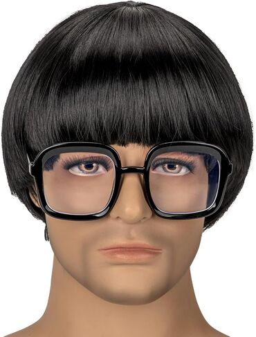 Mens Short Bang Bowl Cut Mushroom Style Realistic Funny Costume Heat Resistant Fiber Black Glasses and Wig (Black) in Saudi Arabia