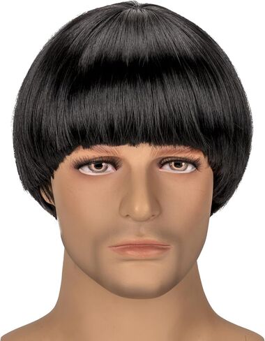 Mens Short Bang Bowl Cut Mushroom Style Realistic Funny Costume Heat Resistant Fiber Black Glasses and Wig (Black) in Saudi Arabia