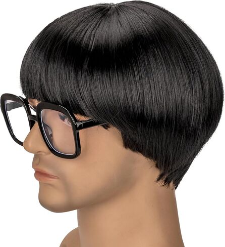 Mens Short Bang Bowl Cut Mushroom Style Realistic Funny Costume Heat Resistant Fiber Black Glasses and Wig (Black) in Saudi Arabia