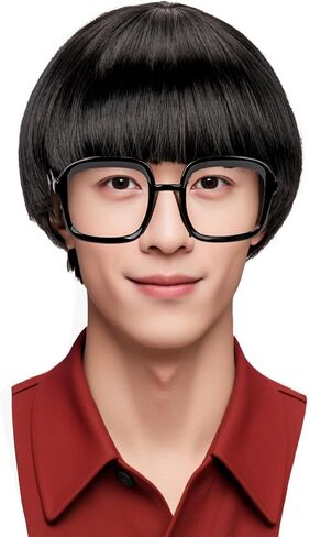 Mens Short Bang Bowl Cut Mushroom Style Realistic Funny Costume Heat Resistant Fiber Black Glasses and Wig (Black) in Saudi Arabia