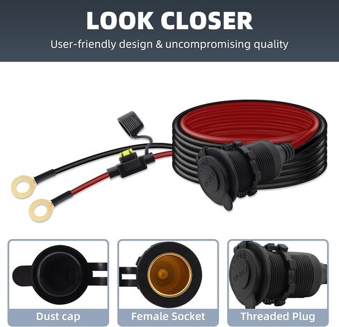 RIIEYOCA 12V 24V Cigarette Lighter Socket Extension Cable,16AWG Fixed Thread Car Cigarette Lighter Female Outlet to Eyelet Ring Terminal Cord with Waterproof Cover and 20A Fuse for Cars,Boats.（1M） in Saudi Arabia