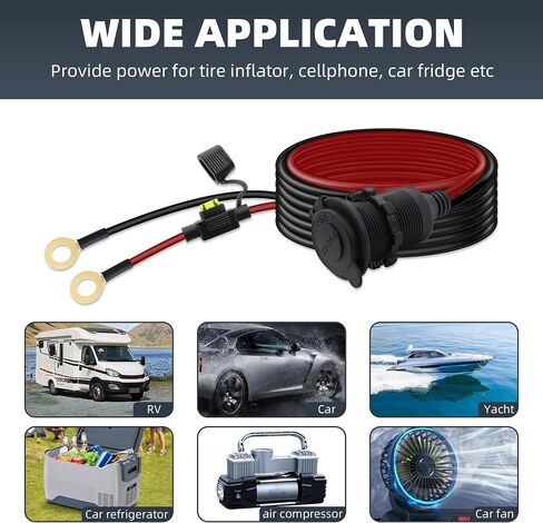 RIIEYOCA 12V 24V Cigarette Lighter Socket Extension Cable,16AWG Fixed Thread Car Cigarette Lighter Female Outlet to Eyelet Ring Terminal Cord with Waterproof Cover and 20A Fuse for Cars,Boats.（1M） in Saudi Arabia