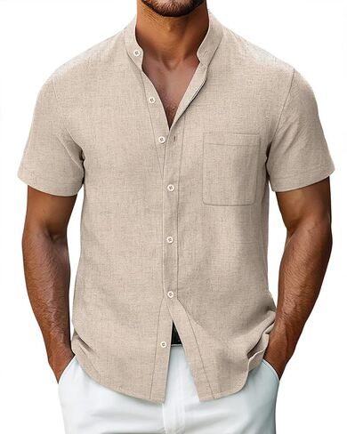 Ficerd Men's Cotton Linen Shirts, Short Sleeve Casual Beach Shirts Button Down Band Collar Lightweight Summer Tees M-6XL in Saudi Arabia