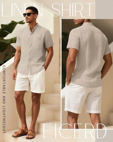 Ficerd Men's Cotton Linen Shirts, Short Sleeve Casual Beach Shirts Button Down Band Collar Lightweight Summer Tees M-6XL in Saudi Arabia