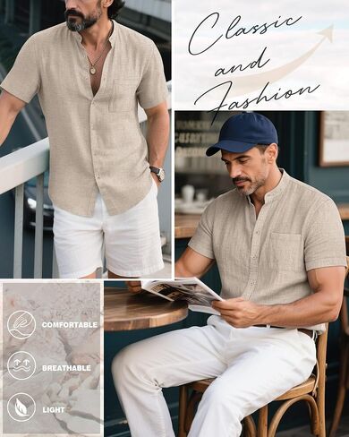 Ficerd Men's Cotton Linen Shirts, Short Sleeve Casual Beach Shirts Button Down Band Collar Lightweight Summer Tees M-6XL in Saudi Arabia