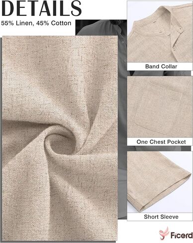 Ficerd Men's Cotton Linen Shirts, Short Sleeve Casual Beach Shirts Button Down Band Collar Lightweight Summer Tees M-6XL in Saudi Arabia