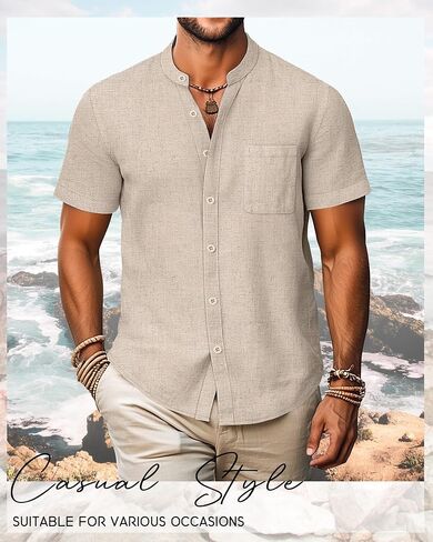 Ficerd Men's Cotton Linen Shirts, Short Sleeve Casual Beach Shirts Button Down Band Collar Lightweight Summer Tees M-6XL in Saudi Arabia