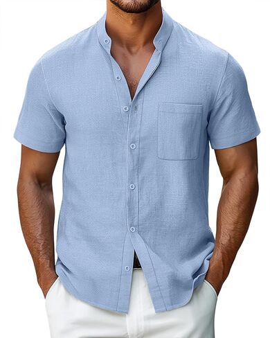 Ficerd Men's Cotton Linen Shirts, Short Sleeve Casual Beach Shirts Button Down Band Collar Lightweight Summer Tees M-6XL in Saudi Arabia