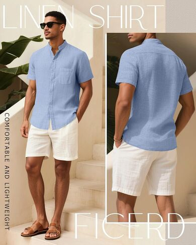 Ficerd Men's Cotton Linen Shirts, Short Sleeve Casual Beach Shirts Button Down Band Collar Lightweight Summer Tees M-6XL in Saudi Arabia