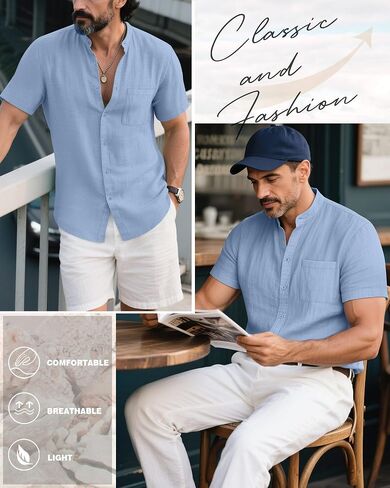 Ficerd Men's Cotton Linen Shirts, Short Sleeve Casual Beach Shirts Button Down Band Collar Lightweight Summer Tees M-6XL in Saudi Arabia