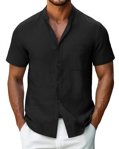 Ficerd Men's Cotton Linen Shirts, Short Sleeve Casual Beach Shirts Button Down Band Collar Lightweight Summer Tees M-6XL in Saudi Arabia