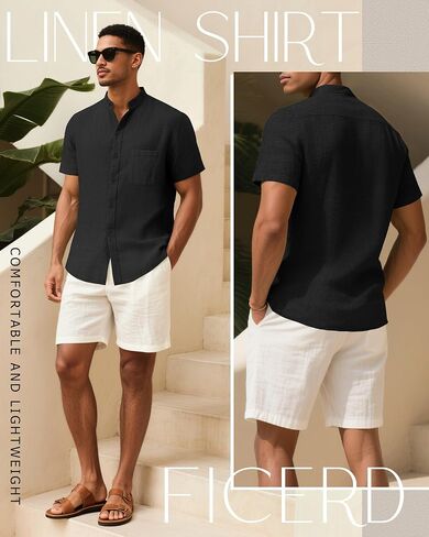 Ficerd Men's Cotton Linen Shirts, Short Sleeve Casual Beach Shirts Button Down Band Collar Lightweight Summer Tees M-6XL in Saudi Arabia