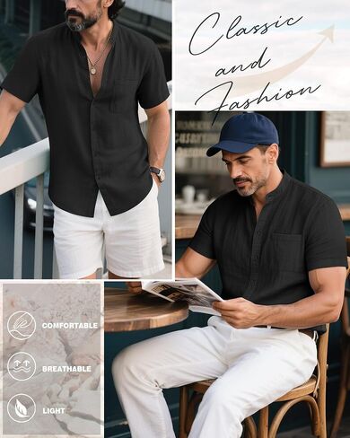 Ficerd Men's Cotton Linen Shirts, Short Sleeve Casual Beach Shirts Button Down Band Collar Lightweight Summer Tees M-6XL in Saudi Arabia
