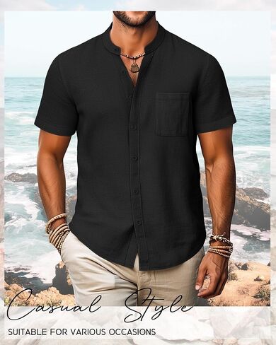Ficerd Men's Cotton Linen Shirts, Short Sleeve Casual Beach Shirts Button Down Band Collar Lightweight Summer Tees M-6XL in Saudi Arabia