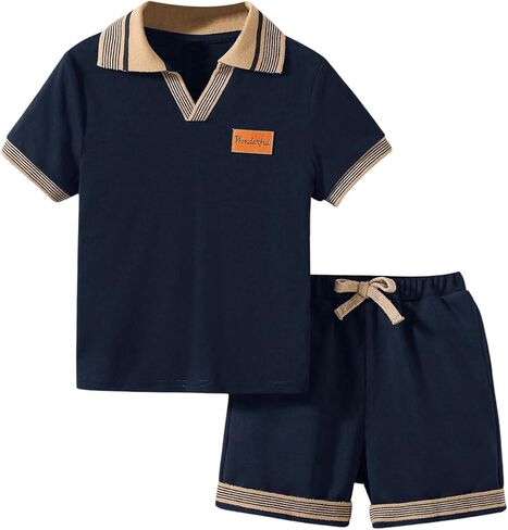 GORGLITTER Boy's 2 Piece Short Set Letter Patched Short Sleeve Tennis Shirt and Knot Front Shorts Summer Outfits in Saudi Arabia