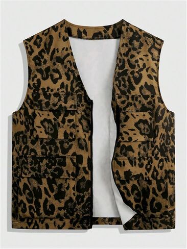 رجال Leopard zip up Stest Coat Vintage Cheetah Sconeslesse Screenscoat streetwear مع جيوب رفرف in Saudi Arabia