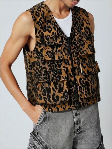 رجال Leopard zip up Stest Coat Vintage Cheetah Sconeslesse Screenscoat streetwear مع جيوب رفرف in Saudi Arabia