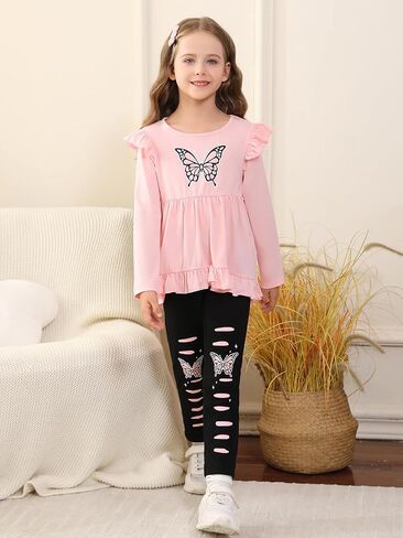 Girls 2 Piece Outfits Ruffle Sleeve Pullover Sweatshirts Sweatpants Clothing Sets Kids Graphic Clothing Set in Saudi Arabia