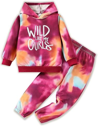 4-8T Girls Clothes Letter Print Tie Dye Hooded Long Sleeved Top +Tie Dye Long Pants Outfits Set in Saudi Arabia