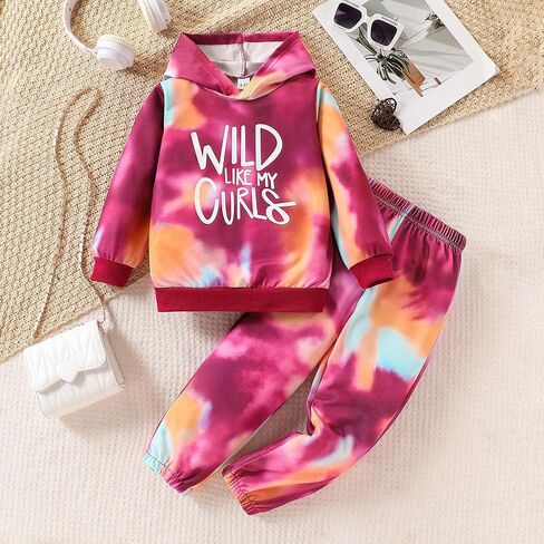 4-8T Girls Clothes Letter Print Tie Dye Hooded Long Sleeved Top +Tie Dye Long Pants Outfits Set in Saudi Arabia