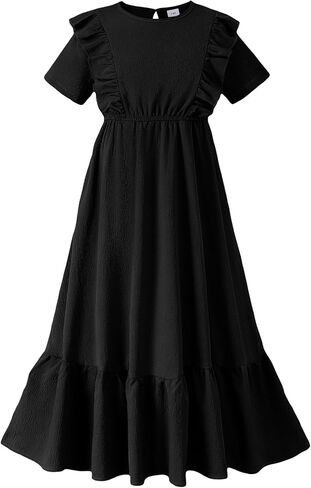 Girls Summer Maxi Dress Tween Short Sleeve Ruffle Flowy Tiered Casual Dresses with Pockets for 7-12 Years in Saudi Arabia